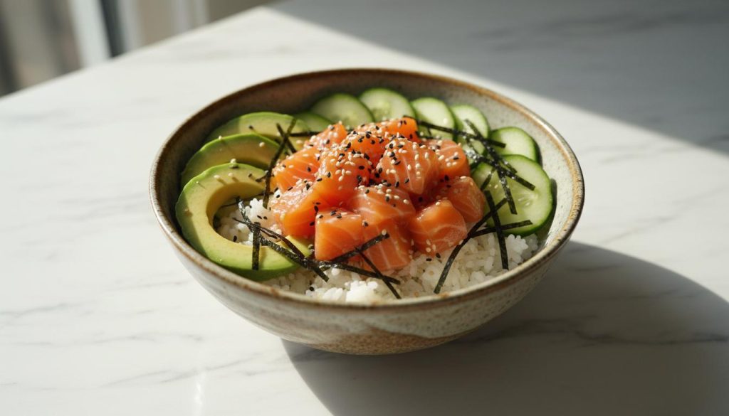 Poke bowl s lososom a avokádom