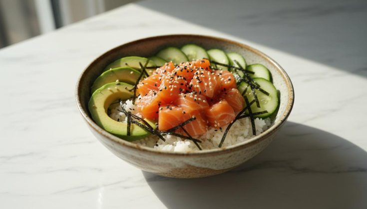 Poke bowl s lososom a avokádom